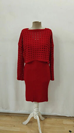 MDB Kadın Uzun Kollu Delikli Kazak Askılı Elbise Triko Ikili Takım