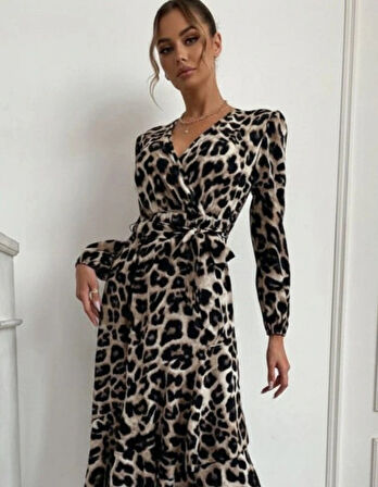 MDB Kadın Uzun Kollu Kruvaze Yaka Yandan Bağlamalı önden Fırfır Detaylı Süprem Uzun Elbise