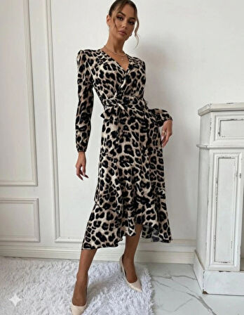 MDB Kadın Uzun Kollu Kruvaze Yaka Yandan Bağlamalı önden Fırfır Detaylı Süprem Uzun Elbise