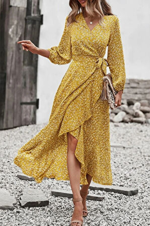 MDB Kadın Uzun Kollu Kruvaze Yaka Yandan Bağlamalı önden Fırfır Detaylı Süprem Uzun Elbise