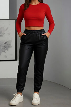 MDB Kadın Paçası astikli Cep Detaylı Deri Tayt