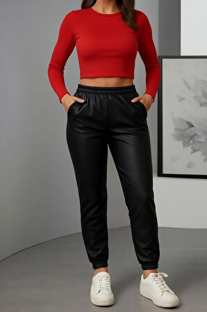 MDB Kadın Paçası astikli Cep Detaylı Deri Tayt