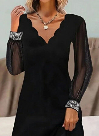 MDB Kadın Uzun Kollu V Yaka Lazer Kesimli Tül Detaylı Mini Ithal Krep Elbise