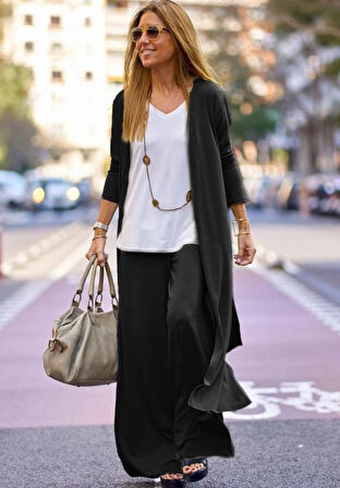 MDB Kadın Uzun Kollu önü Açık Viskon Ceket Ve Pantolon Ikili Takım