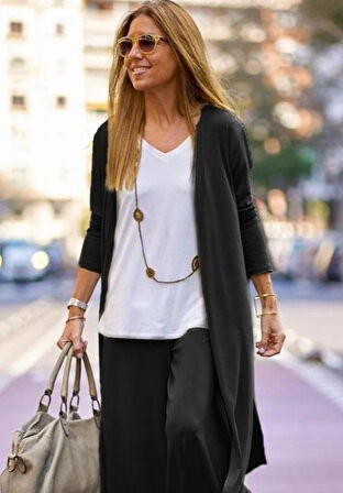 MDB Kadın Uzun Kollu önü Açık Viskon Ceket Ve Pantolon Ikili Takım