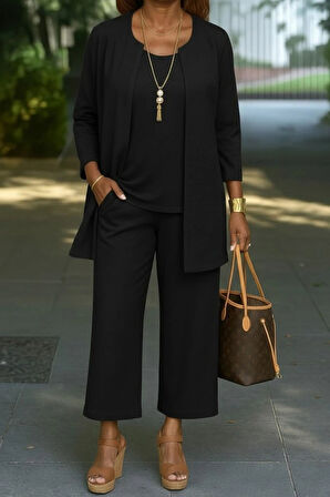 MDB Kadın Uzun Kollu önü Açık Modal Ceket Kolsuz Viskon Iki Iplik Bluz Ve Pantolon üçlü Takım