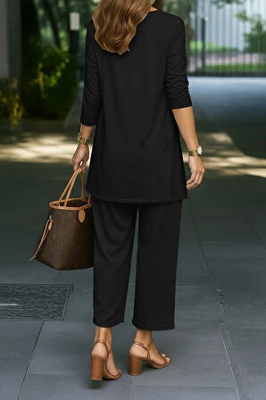 MDB Kadın Uzun Kollu önü Açık Modal Ceket Kolsuz Viskon Iki Iplik Bluz Ve Pantolon üçlü Takım