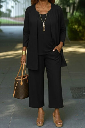 MDB Kadın Uzun Kollu önü Açık Modal Ceket Kolsuz Viskon Iki Iplik Bluz Ve Pantolon üçlü Takım