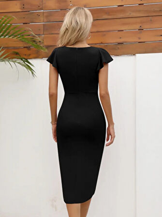 Kadın Kısa Kollu Kalp Yaka Yanlardan Büzgü Detay Midi Janjan Krep Elbise