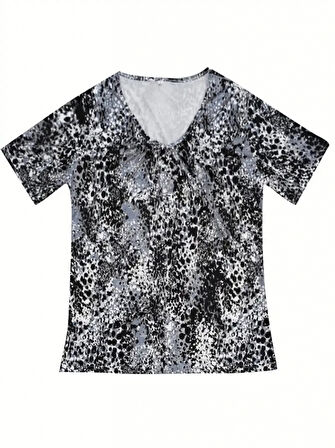 Kadın V Yaka Renkli Leopar Desen Büzgü Detay Süprem Bluz