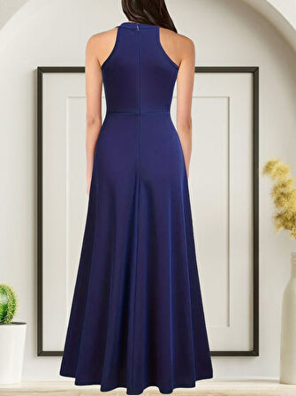 Kadın Halter Yaka Derin Yırtmaç Detaylı Tam Boy Janjan Krep Abiye Elbise