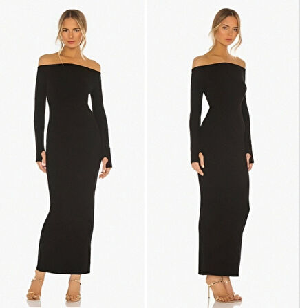 Kadın Uzun Kollu Madonna Yaka Parmak Geçmeli Detay Kaşkorse Elbise