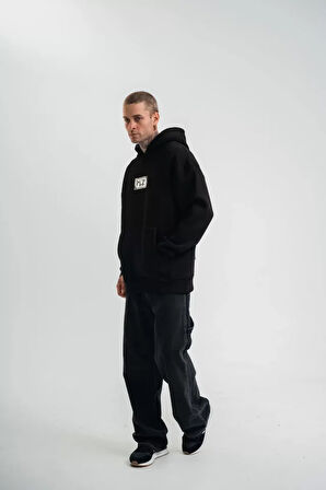 Unisex Kapşonlu Uzun Kol Patchli Nakışlı SweatShirt  - Siyah