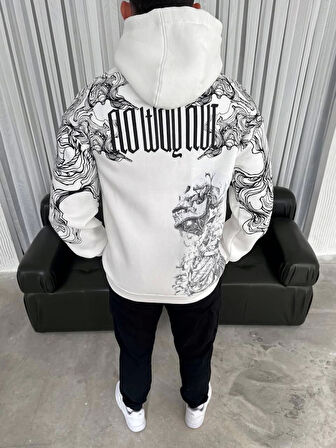 Kapşonlu Üç İplik Baskılı SweatShirt - Beyaz
