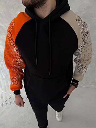 Üç İplik Penye Kapşonlu Parçalı SweatShirt - Siyah