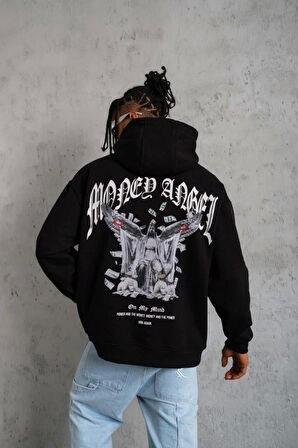 Erkek Kordon İpli Baskılı Kapüşonlu Sweatshirt - Siyah