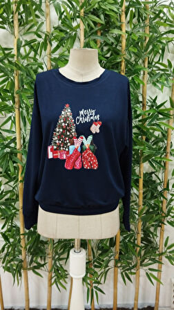 Kadın Yılbaşı Özel Uzun Kollu Bisiklet Yaka Viskon Iki Iplik Bluz