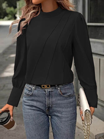 Kadın Uzun Kollu Balıkçı Yaka önden Dikişli Dokuma Bluz