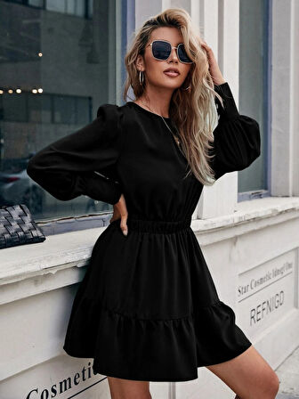 Kadın Uzun Kollu Bisiklet Yaka Beli Lastikli Fırfırlı Ithal Krep Elbise