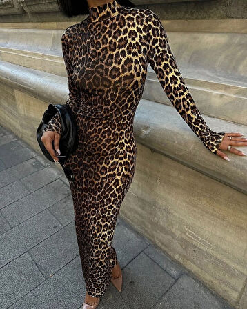 Kadın Uzun Kollu Balıkçı Yaka Gull Likralı Leopar Desen Maxi Boy Elbise
