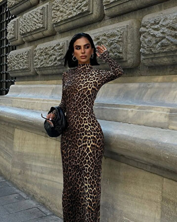 Kadın Uzun Kollu Balıkçı Yaka Gull Likralı Leopar Desen Maxi Boy Elbise