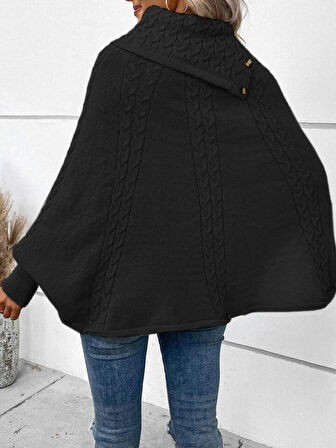 Kadın Uzun Kollu Balıkçı Yaka Düğme Detaylı Triko Panço