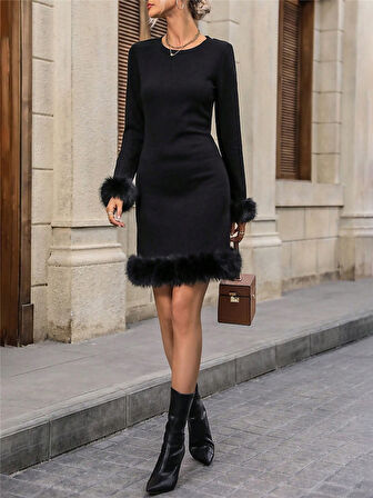Kadın Uzun Kollu Bisiklet Yaka Etek Ucu Ve Kol Ucu Kürk Detaylı Modal Kısa Elbise