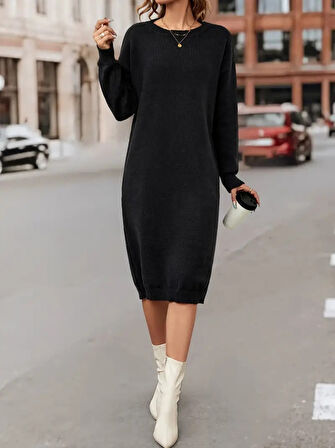 Kadın Uzun Kollu Bisiklet Yaka Yandan Yırtmaçlı Midi Triko Elbise(kemersiz)