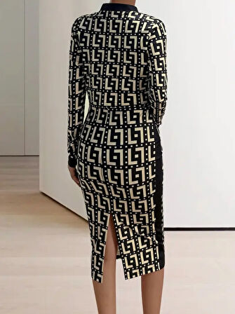 Kadın Uzun Kollu Askılı Yuvarlak Yaka Desenli Dalgıç Bluz Ceket Ve Etek üçlü Takım