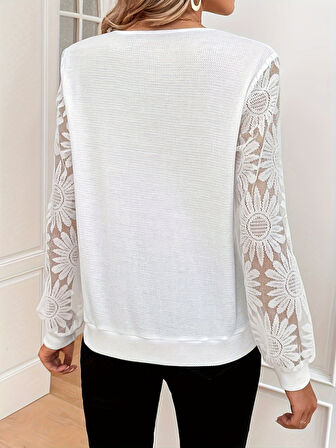 Kadın Uzun Kollu V Dantel Yaka Waffle Bluz