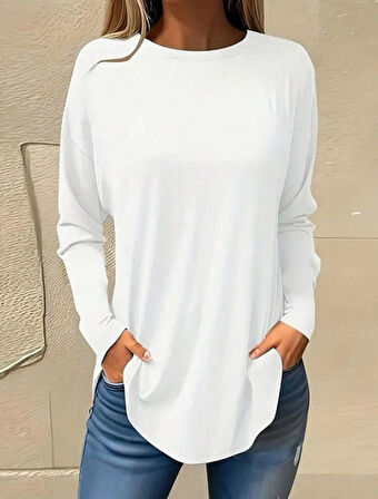 Kadın Uzun Kollu Yuvarlak Yaka Salaş Iki Iplik Bluz
