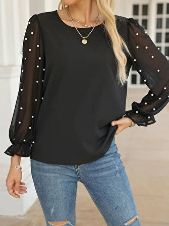 Kadın Uzun Kollu Bisiklet Yaka Kollar Incili Tül Detaylı Ithal Krep Bluz