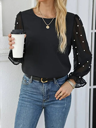 Kadın Uzun Kollu Bisiklet Yaka Kollar Incili Tül Detaylı Ithal Krep Bluz