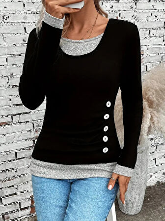 Kadın Uzun Kollu Yuvarlak Yaka Blok Renkli Yandan Düğmeli Viskon Bluz