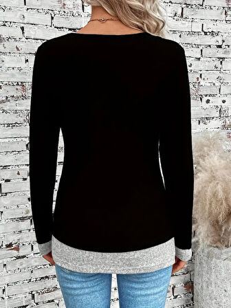 Kadın Uzun Kollu Yuvarlak Yaka Blok Renkli Yandan Düğmeli Viskon Bluz