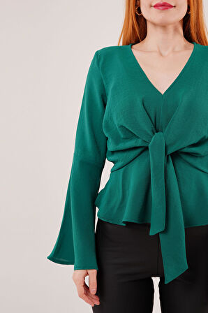 Ön Bağlamalı Volan Kol Yeşil Bluz