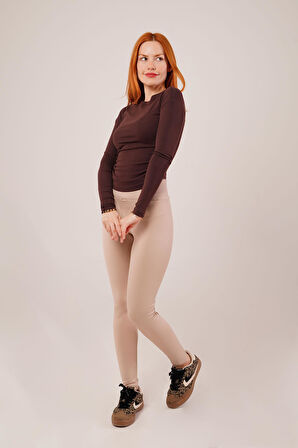 Yaka Detay Uzun Kollu Basic Kahverengi Bluz