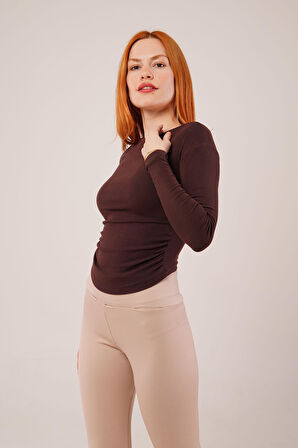 Yaka Detay Uzun Kollu Basic Kahverengi Bluz