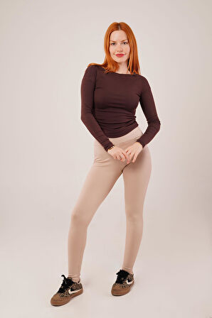 Yaka Detay Uzun Kollu Basic Kahverengi Bluz