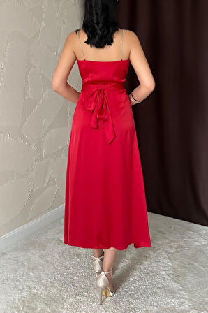 Kırmızı Taş Askılı Prenses Elbise