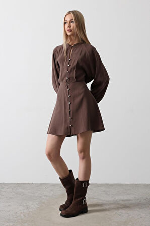 Gold Rengi Düğme Detaylı Elbise - Kahve