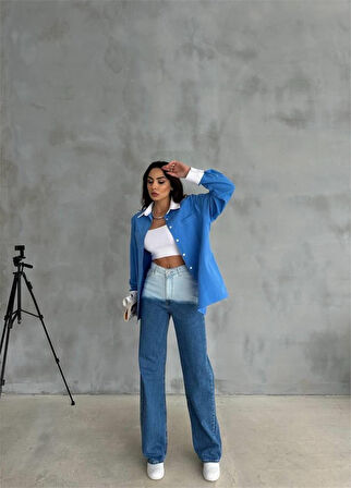 KOL VE MANŞET BEYAZ KAPALI PİLE DETAYLI GÖMLEK - Mavi