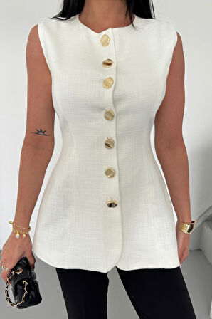 KETEN YELEK BELDEN OTURTMALISIRALI DÜĞME DETAYLI - Beyaz