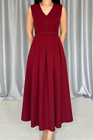 Bordo Önü Britli Pileli Elbise