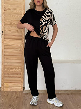 Kadın Bisiklet Yaka Kısa Kol Leopar Desen Bluz Ve Pantolon Ikili Takım