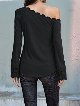 Kadın Uzun Kollu Tek Omuzu Açık Dantelli Burgu Bluz