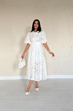 Ekru Kemerli Balon Kollu Elbise