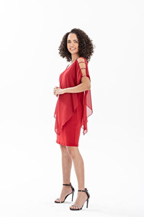 Kadın Omzu Açık V Yaka Şifonlu Sandy Kumaş Fırsat Ürün Diz Üstü Elbise