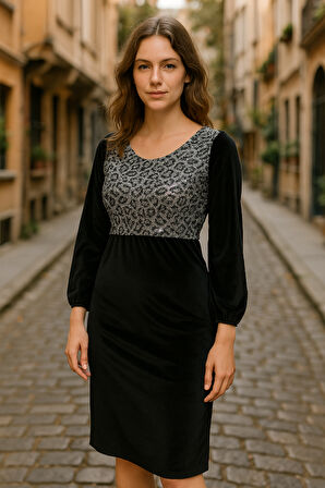 Kadın Fırsat ürünü Leopar Desen Pul Payet Işlemeli Midi Boy Kadife Kumaş Elbise