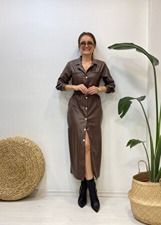 Kahverengi Kemerli Deri Elbise